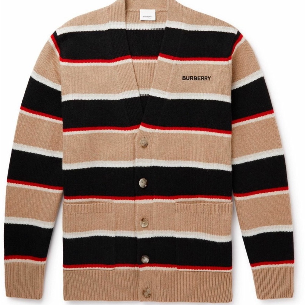 Burberry Logo Embroidered Striped Wool/Cashmere Knit Cardigan. Authentic. Small
